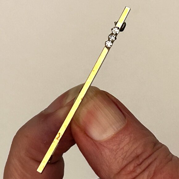 Vintage Krementz 14K Gold Filled Bar Pin Brooch 3 Clear Rhinestones Midcentury - Picture 2 of 10